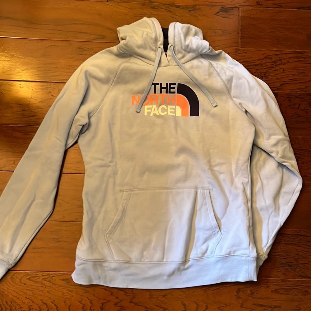 Women’s “The North Face” logo hoodie, light blue, size Large, fuzzy inside